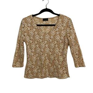 Brittany Black Y2K Textured Tan Floral Lace Sequin Lined Front V-Neck Top